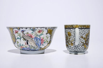 A fine Chinese famille rose and grisaille eggshell bowl with a pheasant, with a related cup, Yongzheng