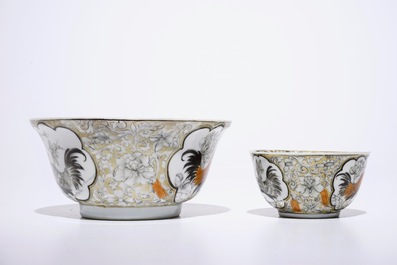 A Chinese grisaille, gilt and iron-red bowl with matching cup and saucer with roosters, Yongzheng