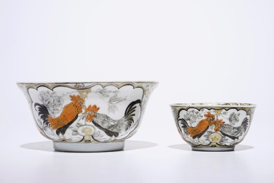 A Chinese grisaille, gilt and iron-red bowl with matching cup and saucer with roosters, Yongzheng