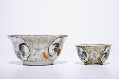 A Chinese grisaille, gilt and iron-red bowl with matching cup and saucer with roosters, Yongzheng