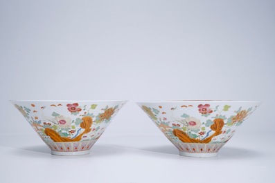 A pair of unusual Chinese famille rose conical bowls, 19th C.