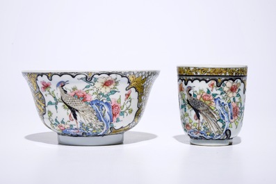 A fine Chinese famille rose and grisaille eggshell bowl with a pheasant, with a related cup, Yongzheng