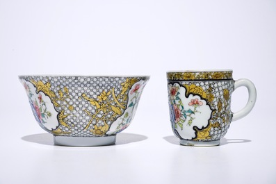 A fine Chinese famille rose and grisaille eggshell bowl with a pheasant, with a related cup, Yongzheng