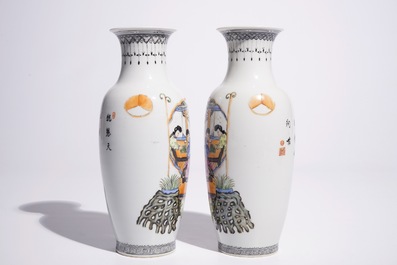 A pair of Chinese famille rose vases with ladies playing a qin and a game of go, Republic, 20th C.