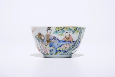 A fine Chinese famille rose eggshell cup and saucer with a lady and two boys, Yongzheng