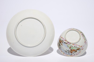 Un lot de six tasses et soucoupes en porcelaine de Chine famille rose de style Meissen, Qianlong