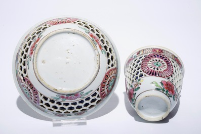 A Chinese double-walled famille rose cup and saucer, Yongzheng/Qianlong