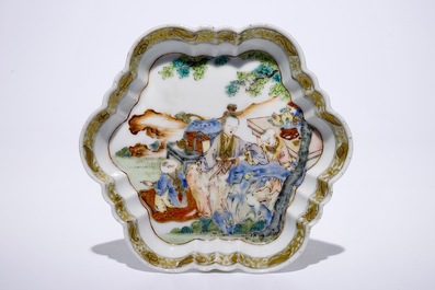 A fine Chinese famille rose teapot on stand with a lady and two boys, Yongzheng