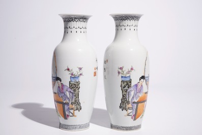 A pair of Chinese famille rose vases with ladies playing a qin and a game of go, Republic, 20th C.