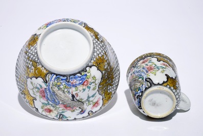 A fine Chinese famille rose and grisaille eggshell bowl with a pheasant, with a related cup, Yongzheng