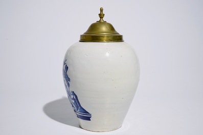 An unusual Dutch Delft blue and white tobacco jar inscribed &quot;De Hoop&quot;, with brass cover, 18th C.