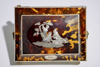 A Napoleon III silver inlaid tortoise veneer sewing box with gilt bronze mounts, France, 19th C.
