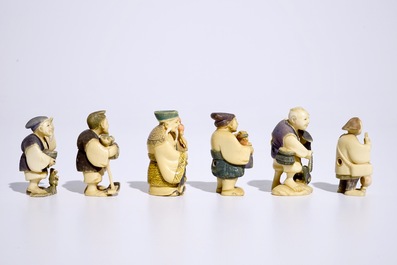 A collection of six polychrome Japanese ivory netsuke, Taisho, 2nd quarter 20th C., signed