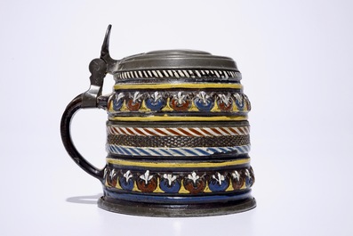 A Creussen German stoneware pewter-mounted mug, 17th C.