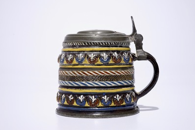 A Creussen German stoneware pewter-mounted mug, 17th C.