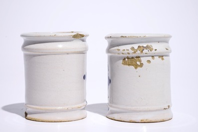 A pair of small Dutch Delft blue and white albarello-shaped pharmacy drug jars, 18th C.