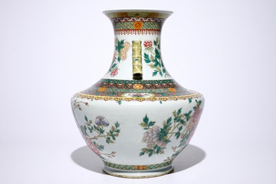A large Chinese famille rose hu-shaped vase with birds among flowers, Qianlong mark, 19th C.