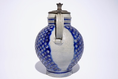 A large globular Westerwald jug with pewter lid, 17th C.