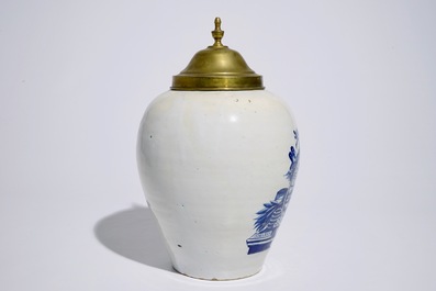 An unusual Dutch Delft blue and white tobacco jar inscribed &quot;De Hoop&quot;, with brass cover, 18th C.