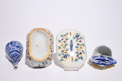 A Dutch Delft blue and white holy water font and a vase, with a polychrome covered spice box, 18th C.