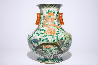 A large Chinese famille verte hu-shaped &quot;Dragon&quot; vase, 19th C.