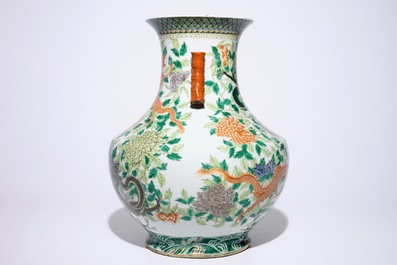 A large Chinese famille verte hu-shaped &quot;Dragon&quot; vase, 19th C.