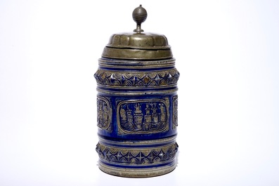 A large Westerwald stein with pewter lid decorated with views of Cologne, 17th C.