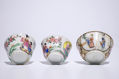 Three Chinese famille rose cups and saucers, one with mandarin design, Yongzheng/Qianlong