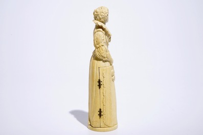 A carved ivory figure of Mary Stuart with a hidden triptych, Dieppe, France, 19th C.