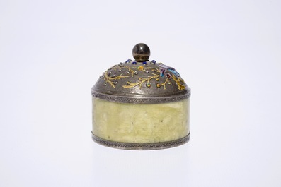 A Chinese enameled silver and jade cylindrical box, ca. 1900