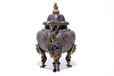 An unusual Chinese enamelled and gilt bronze censer on lion-shaped feet, 18/19th C.