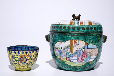 A Chinese Canton enamel cup and saucer and a covered bowl, 18/19th C.