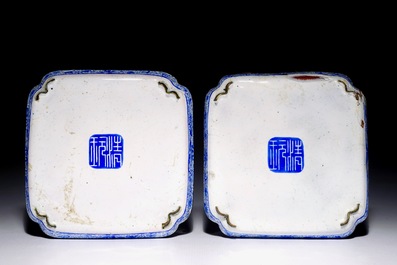 Une paire de coupes carr&eacute;es en &eacute;mail de Canton bleu et blanc, Chine, 18&egrave;me