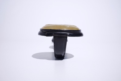 A large Chinese hardwood ruyi sceptre with carved jade panels, 20th C.