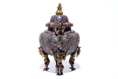 An unusual Chinese enamelled and gilt bronze censer on lion-shaped feet, 18/19th C.