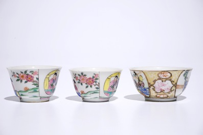 Three Chinese famille rose cups and saucers, one with mandarin design, Yongzheng/Qianlong