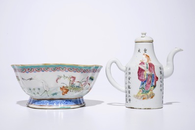 A Chinese famille rose wu shuang pu jug and a bowl with mandarin ducks, 19th C.