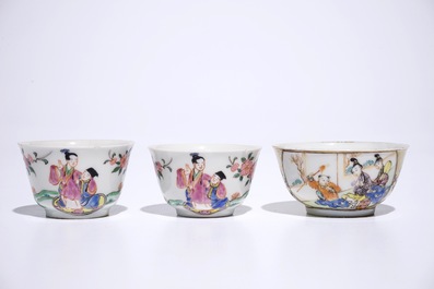 Three Chinese famille rose cups and saucers, one with mandarin design, Yongzheng/Qianlong