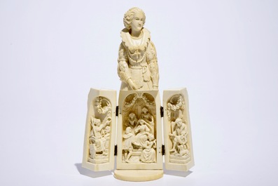 A carved ivory figure of Mary Stuart with a hidden triptych, Dieppe, France, 19th C.