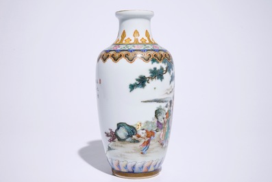 A fine Chinese famille rose vase with figures in a landscape, 20th C.