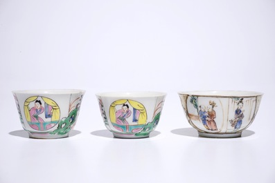 Three Chinese famille rose cups and saucers, one with mandarin design, Yongzheng/Qianlong