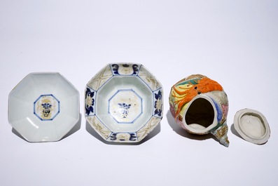 A Japanese Arita gilt blue and white covered bowl, Edo, 17/18th C. and a Banko biscuit teapot, Meiji, 19th C.