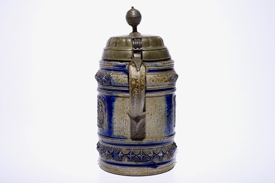 A large Westerwald stein with pewter lid decorated with views of Cologne, 17th C.