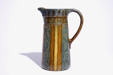 A Flemish pottery jug with proverbial inscription, signed LMV, Torhout, ca. 1900