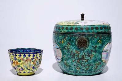 A Chinese Canton enamel cup and saucer and a covered bowl, 18/19th C.