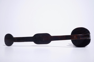 A large Chinese hardwood ruyi sceptre with carved jade panels, 20th C.