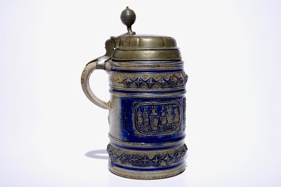 A large Westerwald stein with pewter lid decorated with views of Cologne, 17th C.