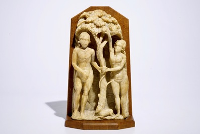A Flemish carved alabaster group of Adam and Eve, Mechelen, 16th C.