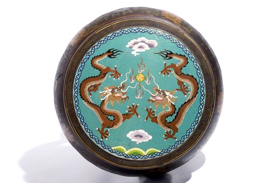 A Chinese lacquered wood and cloisonn&eacute; stand, 20th C.