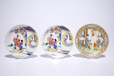 Three Chinese famille rose cups and saucers, one with mandarin design, Yongzheng/Qianlong